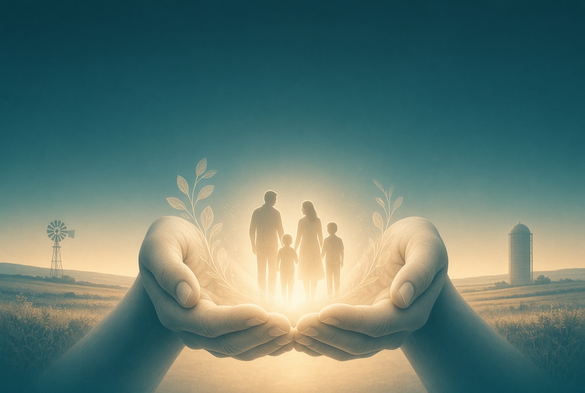 Conceptual image of protective hands holding a glowing family silhouette against a Texas landscape — symbolizing long-term care and legacy protection