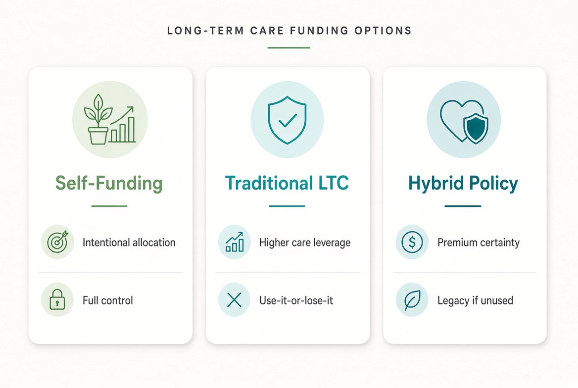 Infographic comparing three long-term care funding options: Self-Funding, Traditional LTC insurance, and Hybrid Policy for Texas families