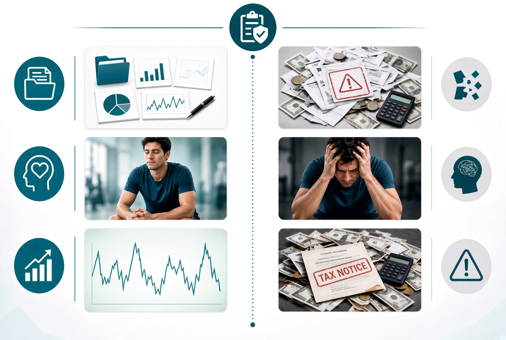 Side-by-side visual contrast: organized financial documents, calm focus, and upward growth charts versus scattered cash, tax notices, stress, and chaos — illustrating the difference a financial playbook makes